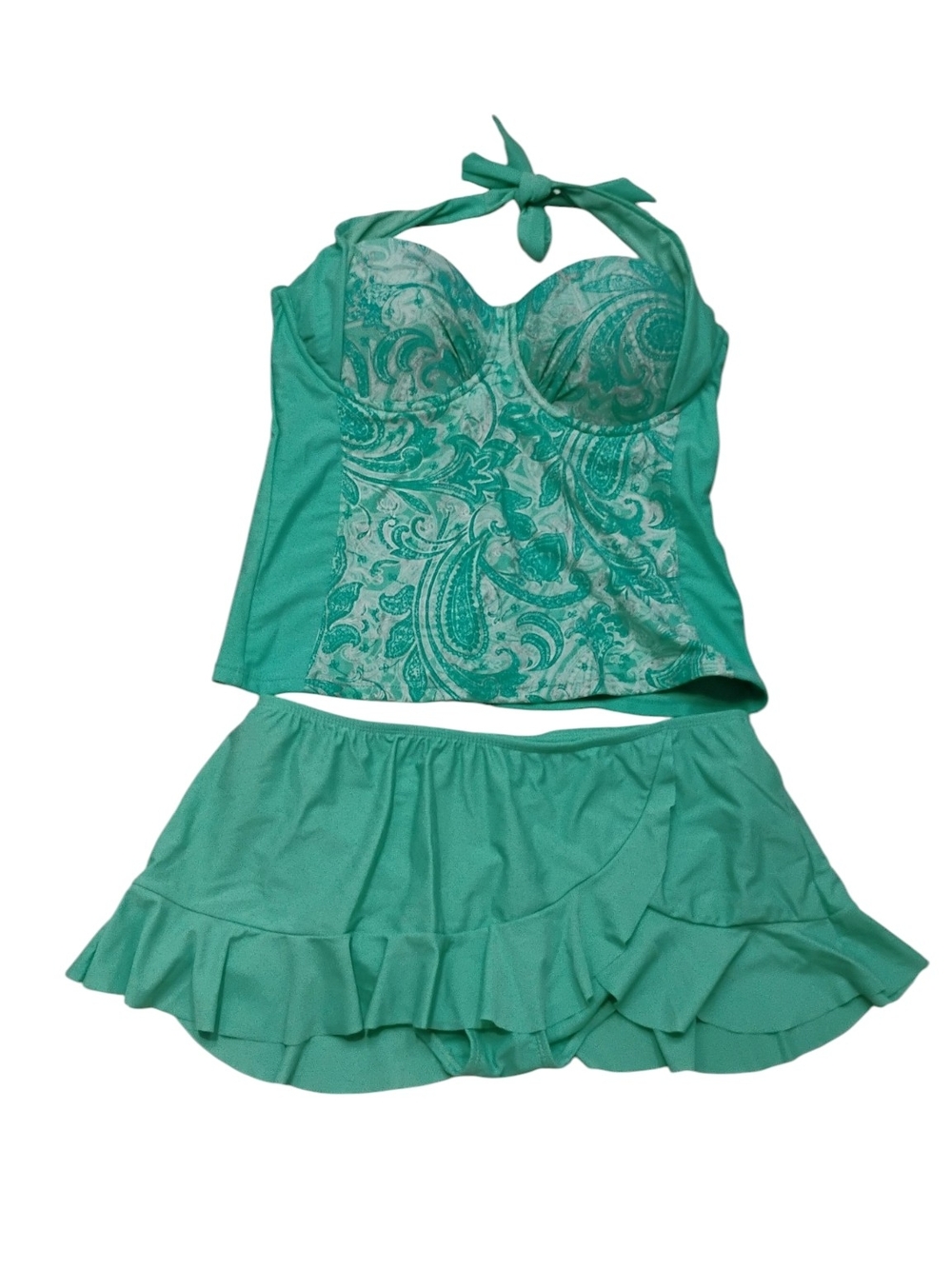 Collections By Catalina Mint Green Paisley-Trim Tankini Top & Bottom SZ 8 / 10